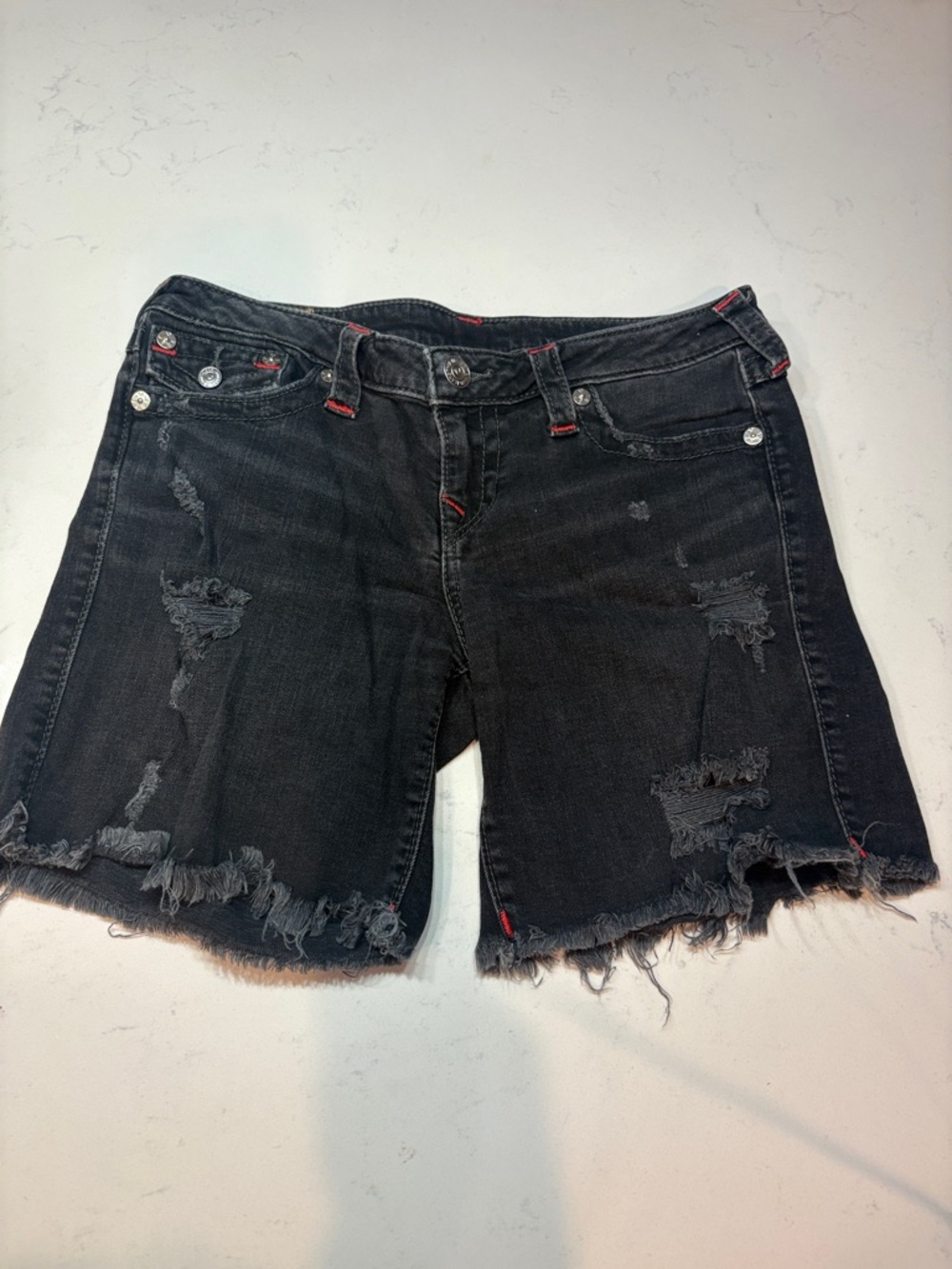 True Religion Black Distressed Frayed Hem Jean Shorts